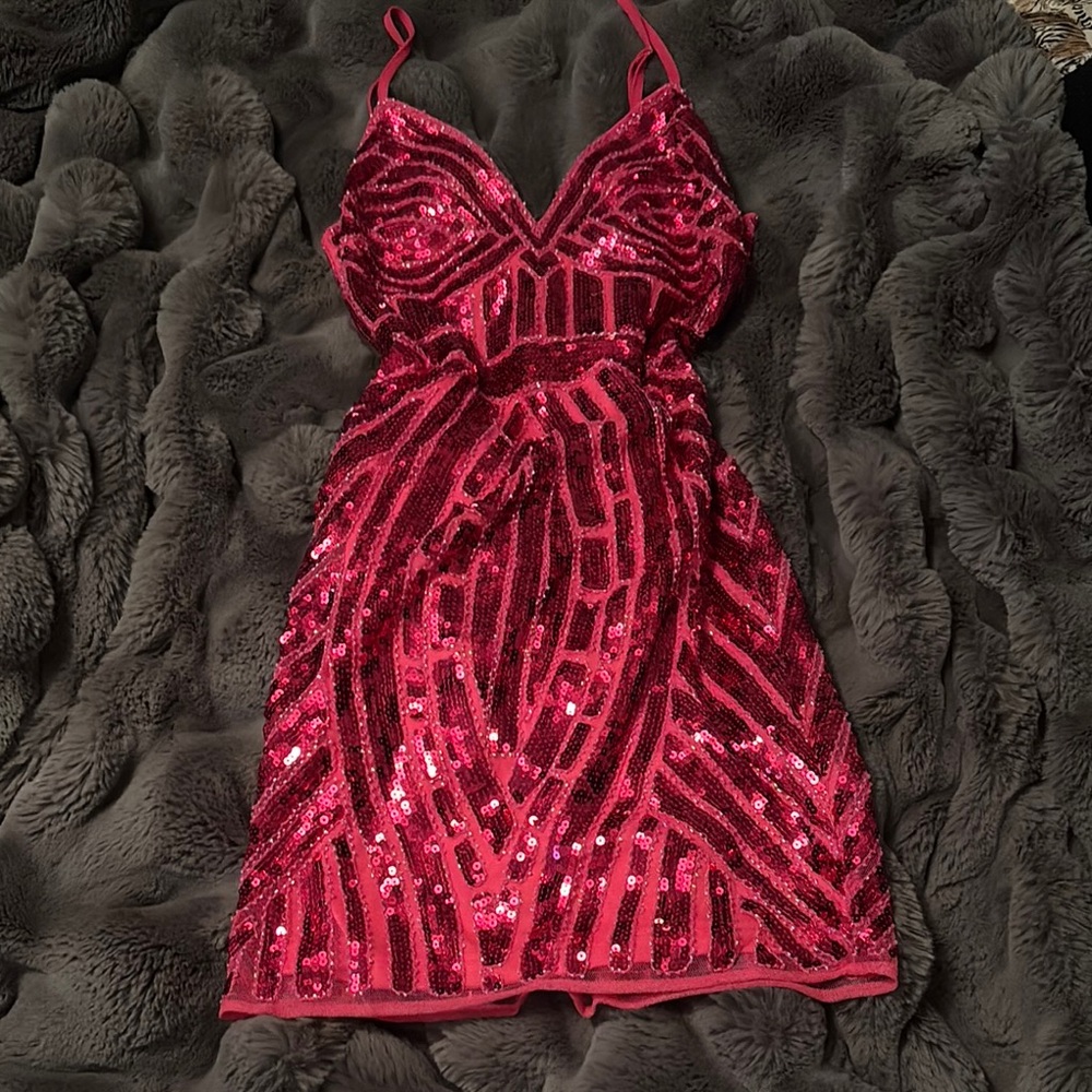 Fashion Nova Pink Sequin Babydoll Mini Dress
